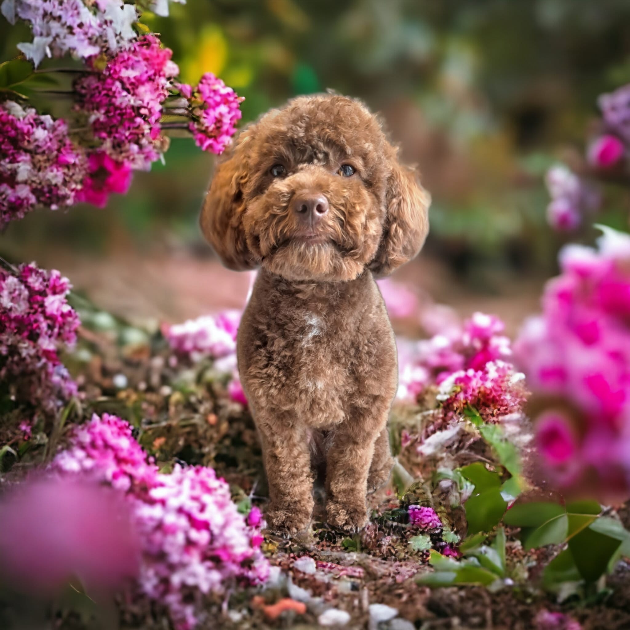 Een getrimde bruine krullenbol tussen roze bloemen